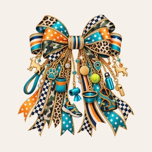 May include: A large decorative bow featuring a mix of orange polka dot, teal polka dot, leopard print, camouflage, and checkered ribbons. Gold chains hang from the centre, adorned with charms including dogs, a paw print, a tennis ball, and a trainer.
