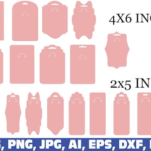 May include: A collection of pink cardstock tags in various shapes and sizes, including rectangular, scalloped, and bow-shaped designs. The text "4x6 INCH" and "2x5 INCH" indicates the dimensions of some tags. The bottom of the image displays file format options.