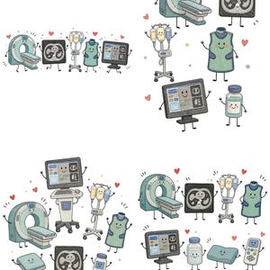 May include: A collection of cartoon medical equipment illustrations featuring a CT scanner, an X-ray scan, an IV pole, a lead apron, a computer monitor, a medicine vial, a rectangular pad, and a remote control, all with smiling faces and limbs.