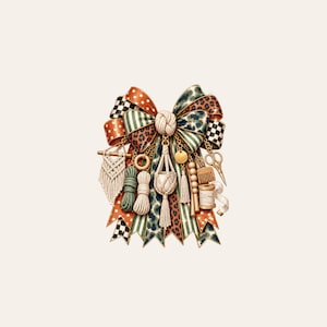 May include: A decorative bow featuring a mix of patterns including polka dots, leopard print, stripes, and checkerboard. Hanging from the bow are miniature craft items: a macrame wall hanging, yarn bundles, a plant hanger, beads, a comb, and scissors.