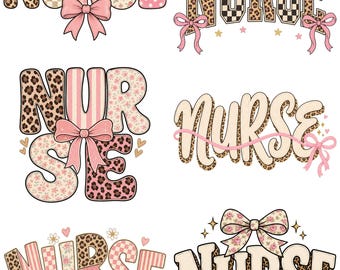 6 Leopard Nurse PNG Bundle, Coquette Floral Checkered Bow Nurse Shirt Sublimation Designs, Healthcare Worker Clipart, Digital Download