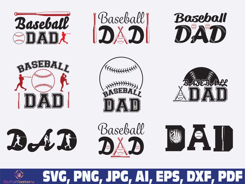 May include: A collection of baseball-themed designs featuring the words "Baseball Dad" in various styles. The designs include baseballs, bats, and silhouettes of baseball players in red and black. The bottom of the image displays file format options.