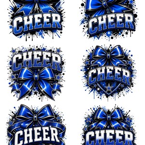 May include: Six digital graphic designs featuring the word CHEER in bold white and blue block letters. Each design incorporates a glossy blue ribbon bow, scattered blue stars, and black paint splatter effects on a white background.