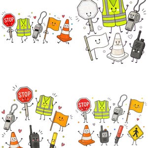Pode incluir: Uma coleção de ilustrações de desenhos animados com equipamento de segurança antropomórfico, incluindo sinais de stop vermelhos, coletes de alta visibilidade amarelos, apitos cinzentos, cones de trânsito laranja, walkie-talkies e bandeiras.