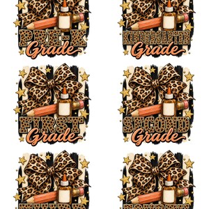 May include: A collection of six digital designs featuring a leopard print bow, a pencil, and a glue bottle. Each design includes text for school levels: Pre-K, Kindergarten, First, Second, Third, and Fourth Grade, accented with gold stars.