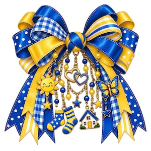 May include: A large decorative bow made of blue and yellow ribbons featuring polka dot, gingham, and striped patterns. Hanging from the center are gold-toned chains with charms including a smiling sun, two hearts, a butterfly, a house, and socks.