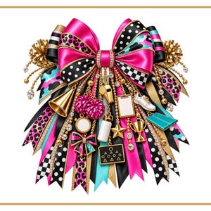 Può includere: Un grande fiocco decorativo per capelli con un centro rosa acceso e nastri sovrapposti in nero, bianco e turchese, arricchito da motivi leopardati, a pois e a scacchi. Include ciondoli pendenti a forma di fischietto, trofeo e pon-pon.