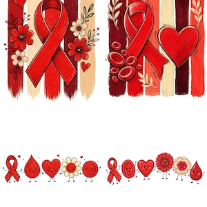 May include: A digital illustration set featuring two square designs with red awareness ribbons, flowers, hearts, and blood cells over vertical brushstrokes. Below are two rows of cartoon characters including ribbons, hearts, and flowers holding hands.