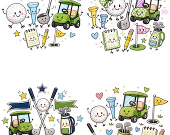 Bundel met 4 golfdoodles in PNG-formaat, sublimatieontwerpen voor sportwedstrijden, schattige lachende personages, retro shirt clipart om te downloaden