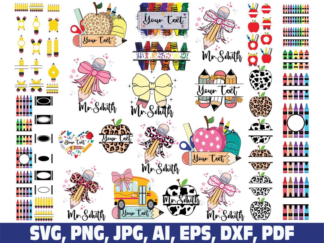Teacher School Split Monogram PNG SVG, Crayon Apple Teacher Name Design ...