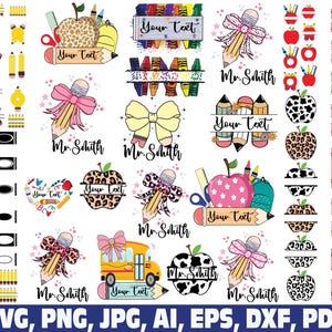 Monogram voor leraar/school (PNG/SVG), ontwerp met appel en kleurpotlood voor de naam van de leraar (digitale download)