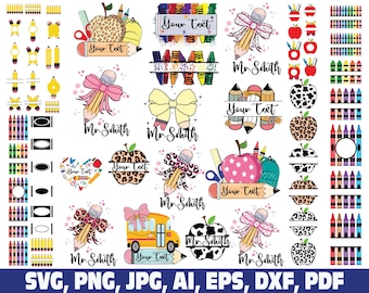 Teacher School Split Monogram PNG SVG, Crayon Apple Teacher Name Design (Digital Download)