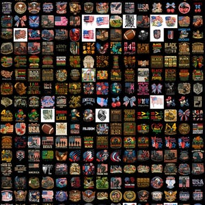 Puede incluir: Una colección de diseños gráficos variados, con banderas americanas, águilas y temas militares, sobre un fondo negro. Se incluyen textos como "USA", "Freedom" y "Black History".