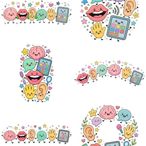 Puede incluir: Una colección de seis diseños de pegatinas con ilustraciones de dibujos animados de un cerebro rosa, labios rojos, una oreja color canela, un globo de texto turquesa, una mano amarilla y una tableta gris con botones coloridos, decorados con estrellas y corazones.