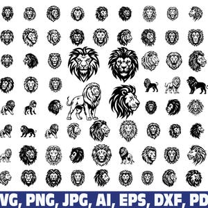 May include: A collection of black and white lion illustrations in various poses and styles. Includes full body, side profiles, and head shots. The image also contains the text "SVG, PNG, JPG, AI, EPS, DXF, PDF".