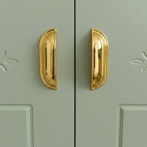 Peut inclure: Gros plan sur une paire de portes d'armoires vert sauge avec des poignées dorées en forme de demi-lune. Les poignées sont brillantes et réfléchissent la lumière. Des découpes florales décoratives sont visibles sur les portes.