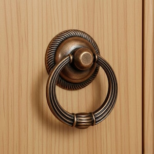 May include: Bronze-toned cabinet pull with a circular ring handle. The pull has a decorative, ridged backplate with a rope-like border. The ring handle features vertical grooves and a decorative band at the base. The hardware is mounted on a light wood surface.