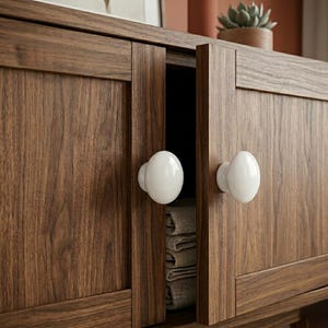 May include: A close-up of a wooden cabinet with two doors, one slightly ajar. The cabinet is a warm brown color with visible wood grain. Each door has a white, oval-shaped knob. Inside the open door, folded towels are visible.