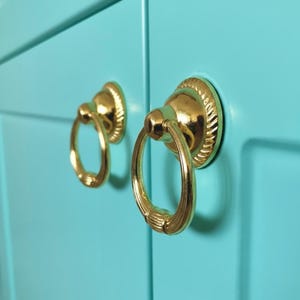 May include: Close-up of two gold-colored ring pulls on a turquoise cabinet door. The ring pulls have a decorative, ridged design around the base and on the ring itself. The cabinet door is painted a solid, bright turquoise color.