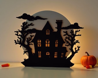 Portavelas LED con forma de casa encantada, decoración de Halloween impresa en 3D, decoración de mesa de casa encantada, decoración de otoño