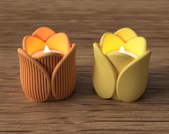 Tulpvormige LED-theelichthouder, bloemvormige theelichthouder met 3D-print, 6 cm, meer dan 25 kleuren, geribbeld of ruw, moderne decoratie