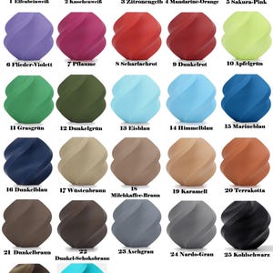 A color chart displaying twenty-seven numbered swatches of twisted spherical vases in various shades of white, yellow, orange, pink, purple, red, green, blue, brown, grey, and black.