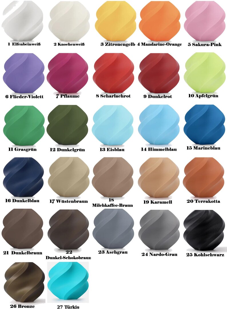 A color chart displaying twenty-seven numbered swatches of twisted spherical vases in various shades of white, yellow, orange, pink, purple, red, green, blue, brown, grey, and black.