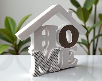 Suporte decorativo HOME feito de PLA, com a inscrição "casa" impressa em 3D, ideal para presente de boas-vindas ou decoração moderna de prateleira.