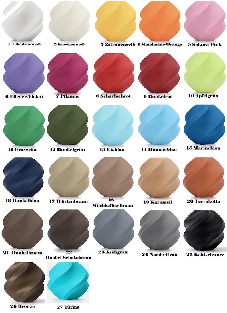 A grid of 27 small, textured, 3D-printed, spiral-shaped color samples, each with a number and German color name below it.