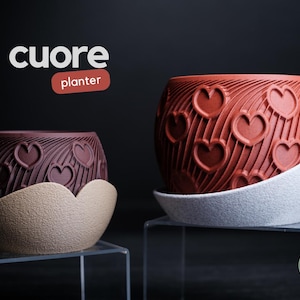 Puede incluir: Dos macetas con estampado de corazón, una rojo oscuro y otra burdeos, con platillos a juego. Las macetas tienen un diseño texturizado con formas de corazón. La palabra "cuore" y la palabra "planter" están en la imagen.