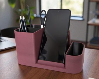 Organizador de escritorio con soporte para smartphone, portalápices, organizador de oficina y almacenamiento de escritorio, diseño moderno impreso en 3D.