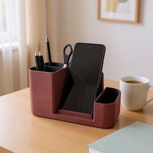 A dark pink desk organizer with a smartphone, pens, and scissors is on a wooden desk with a coffee cup and a light blue book.