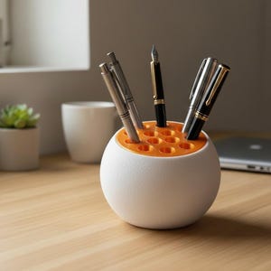 Könnte beinhalten: Ein kugelförmiger, weißer Schreibtisch-Organizer mit strukturierter Oberfläche und einer flachen, orangefarbenen Oberseite mit mehreren kreisförmigen Löchern. Mehrere metallische und schwarze Stifte stecken in den Löchern des Organizers.