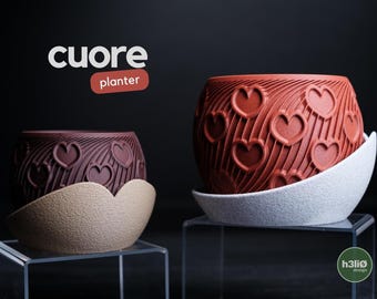Maceta con forma de corazón, jardinera con bandeja de goteo, impresa en 3D, maceta moderna para suculentas, decoración elegante para el hogar.