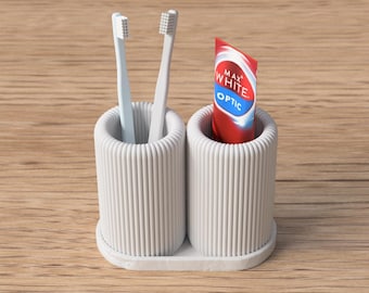 Organizador de baño Shiro con 2 vasos, portacepillos de dientes y portapasta de dientes, diseño acanalado impreso en 3D