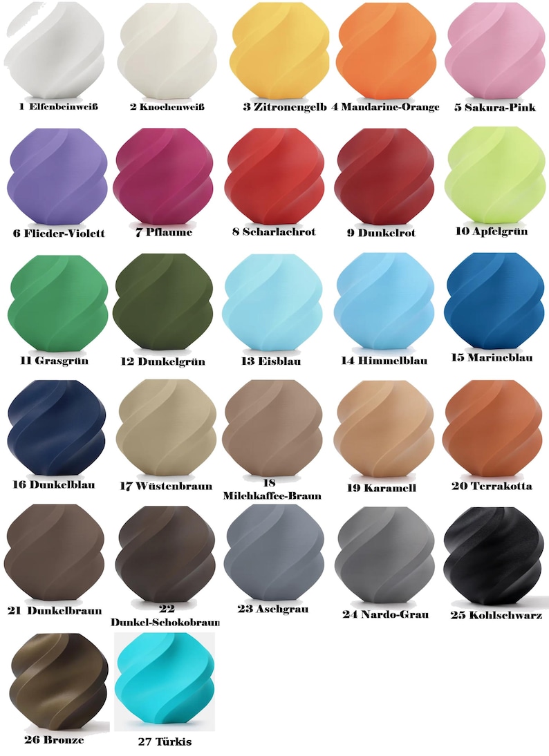 May include: A collection of 27 decorative, spiral-shaped objects in various colors, including white, yellow, orange, pink, purple, red, green, blue, brown, and gray. Each object has a unique color and is labeled with a number and color name.