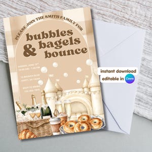 Bubbles Bagels & Bounce Play Date Invitation Template, Neutral Brunch Party Invite, Editable Instant Download