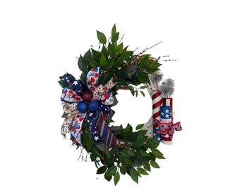 Patriotic Wreath | Red White Blue Americana Decor, White Wicker Base
