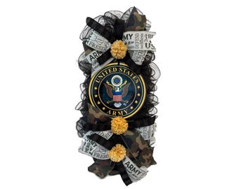 US Army Door Swag with Camo | Military Retirement Gift Front Door Wreath | Black & Yellow Teardrop Mesh Decor