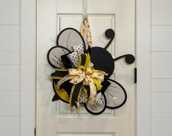 Whimsical Bumblebee Door Hanger | Painted Wood Bee Spring Summer Decor, Ribbon Bow