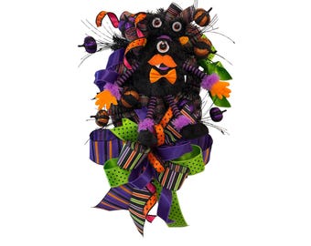 Guirnalda de monstruos para puerta de Halloween / Corona de monstruos caprichosa para puerta / Decoración de Halloween para puerta principal / Guirnalda de malla decorativa de piel sintética / Guirnalda para puerta principal