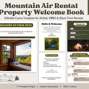 May include: An editable digital welcome book template for rental properties featuring a mountain theme. The layout includes pages for house rules, check-in instructions, and a kitchen guide with text headers like Welcome To Your Stay and House Guide.