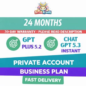 Könnte beinhalten: Werbegrafik für NovaRonin mit einer Cartoonfigur. Das Bild hebt "24 MONATE" und "30-TÄGIGE GARANTIE" hervor. Es bewirbt GPT Plus 5.2 und Chat GPT 5.3 Instant mit einem "Private Account Business Plan" und "Fast Delivery".