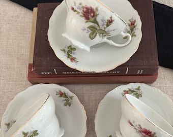 Vintage Royal Rose 3 Teacups and 4  Saucers , Fine China of Japan, Pink Moss Rose with Gold Trim