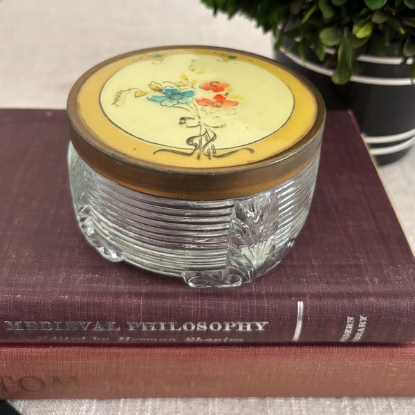 Art Deco Glass Powder Jar, Floral Celluloid Brass Lid, Ribbed Vanity Decor
