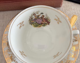 Vintage 6-Piece Tea Set for Two Courting Couple Porcelain Cups & Saucers with Matching Gold Spoons Romantic Fragonard Style Tea Service