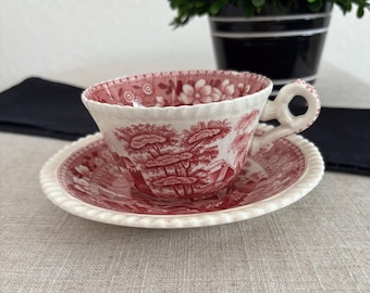 Vintage Spode's Tower Pink Teacup Saucer | Red Transferware England 1920s Gadroon Edge
