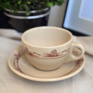May include: A cream-colored ceramic teacup and saucer set featuring a brown printed pattern of pinecones and pine needles encircling the exterior of the cup and the rim of the saucer. The cup has a rounded handle and a smooth, glossy finish.