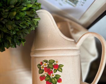 Vintage McCoy Pottery Strawberry Country Ceramic Pitcher, 1970s White Speckled Ironstone Juice Jug