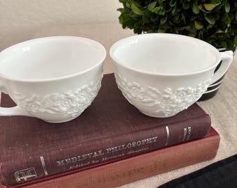 Vintage Indiana Glass Orange Blossom Milk Glass Teacups - Set of 2
